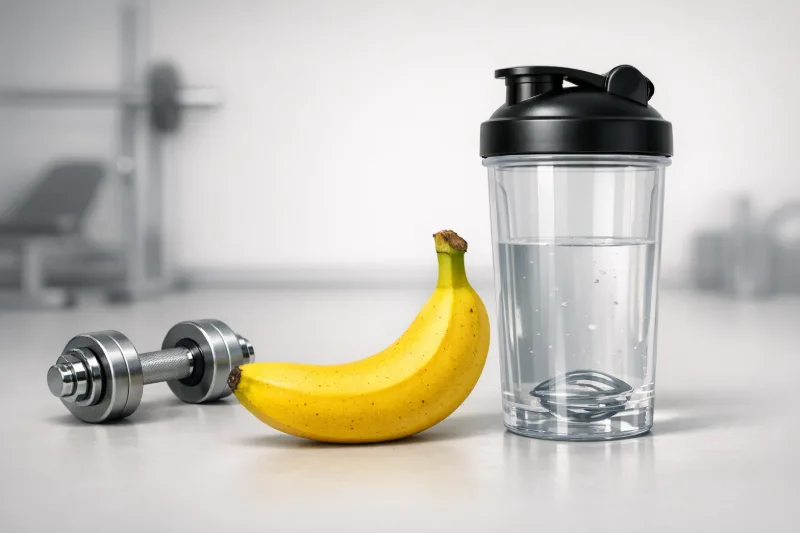 Стиглий банан поруч із спортивною шейкерною пляшкою та гантелею після тренування