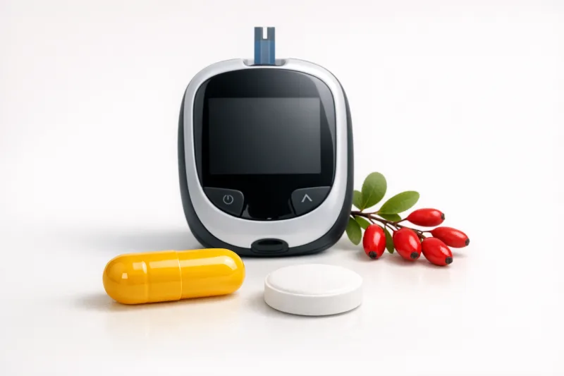 Жовта капсула берберину, біла таблетка метформіну й глюкометр — порівняння підходів до контролю глюкози