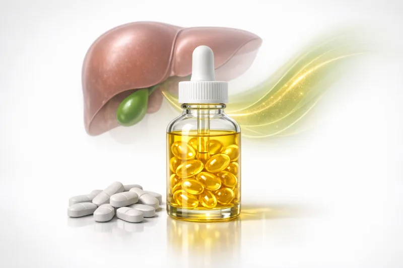 3D-ілюстрація: капсули вітаміну D, таблетки магнію та стилізована печінка з жовчним міхуром і потоком жовчі на світлому фоні