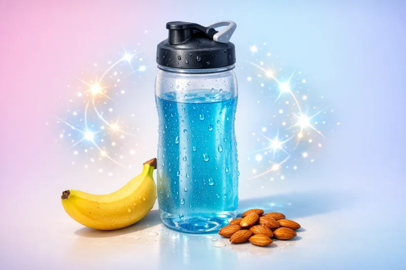 Центрована 3D-ілюстрація спортивної пляшки з ізотоніком, поруч банан, мигдаль і краплі поту — відновлення калію та магнію