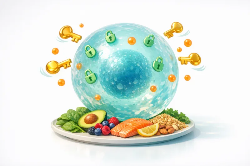 3D-ілюстрація інсулінорезистентності: клітина з рецепторами, інсулін і здорова тарілка, м’які тіні