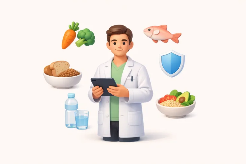 Нутриціолог з планшетом аналізує безпечний раціон, навколо піктограми овочів, риби, злаків, води та щита на світлому фоні
