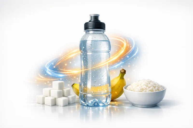 Ілюстрація швидких вуглеводів: цукрові кубики, спортивний напій, банан і миска білого рису з натяком на швидкий приплив енергії