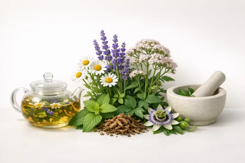 3D-ілюстрація набору лікарських трав для зменшення стресу: ромашка, лаванда, меліса, валеріана та пасифлора на спокійному світлому фоні